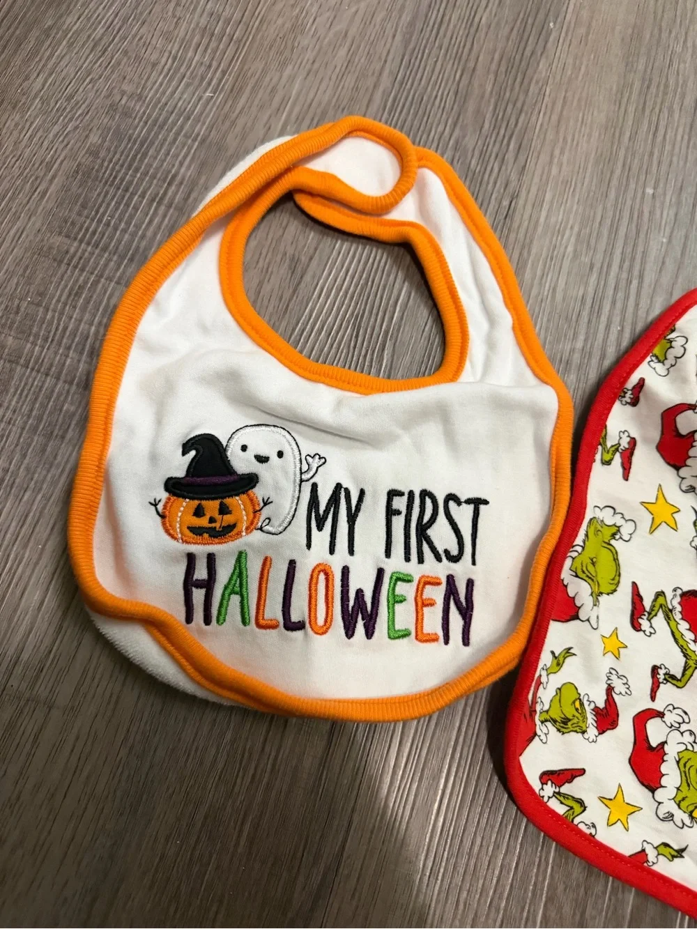 My First Halloween & Grinch Baby Bibs- new